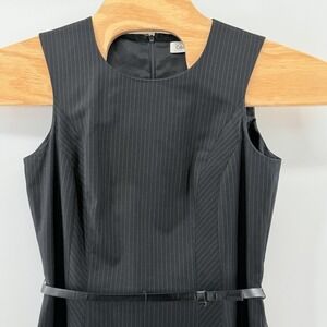 Calvin Klein Dress Small Black Pinstripe Sheath Belted Career Office Minimalist